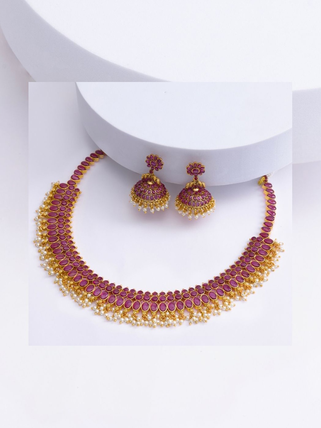 

South Temple Jewellery Gold-Plated Ruby Stones Studded Antique Jewellery Set