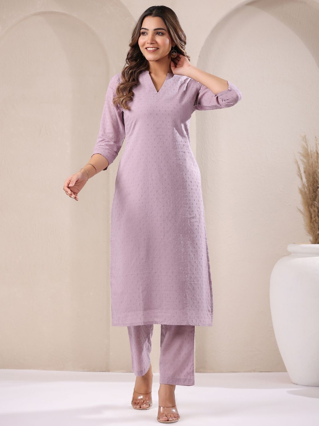 

Janasya Self Design V-Neck Pure Cotton Straight Kurta with Trouser, Lavender