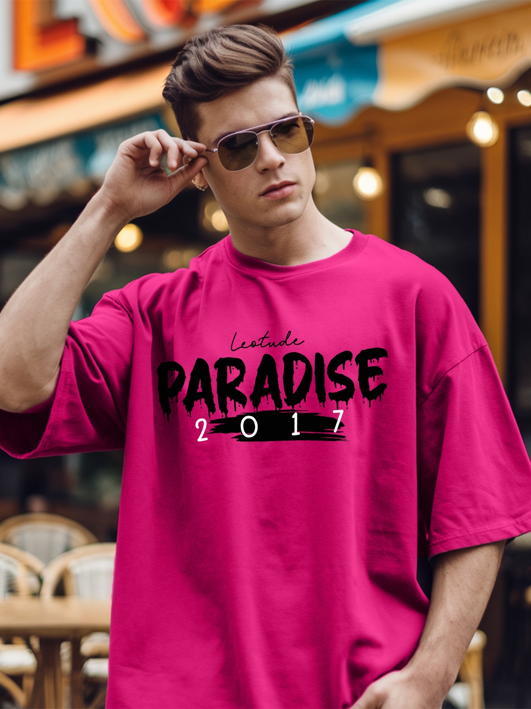 

Leotude Men Typography Printed Round Neck Cotton Oversized T-shirt, Pink