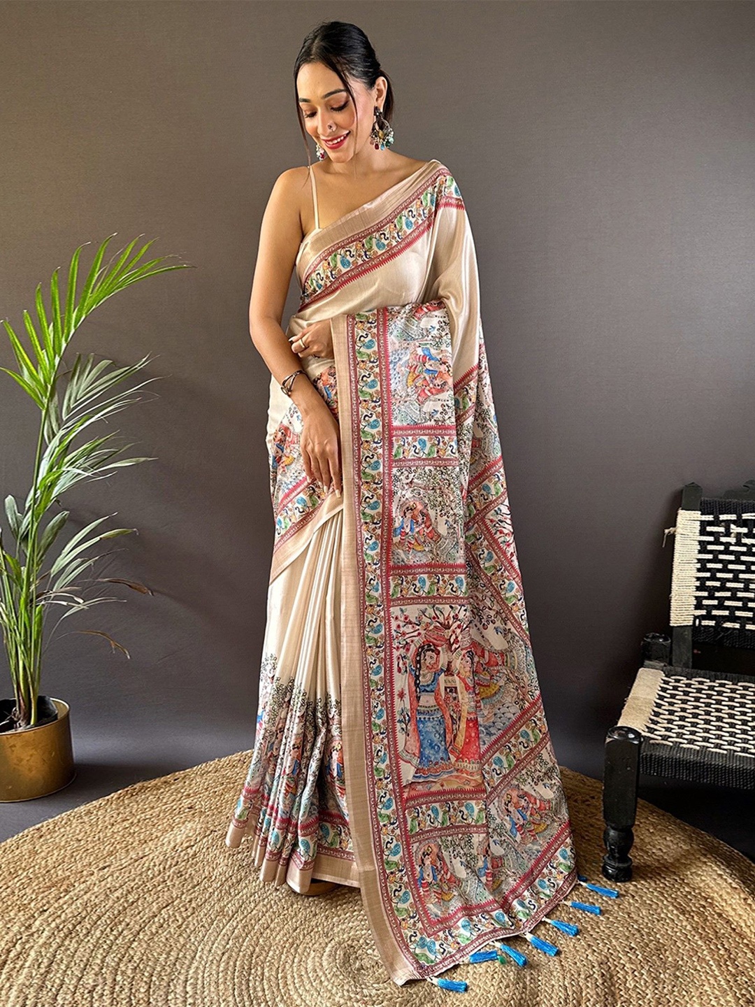 

Rangtulika Ethnics Kalamkari Printed Zari Tussar Saree, Cream