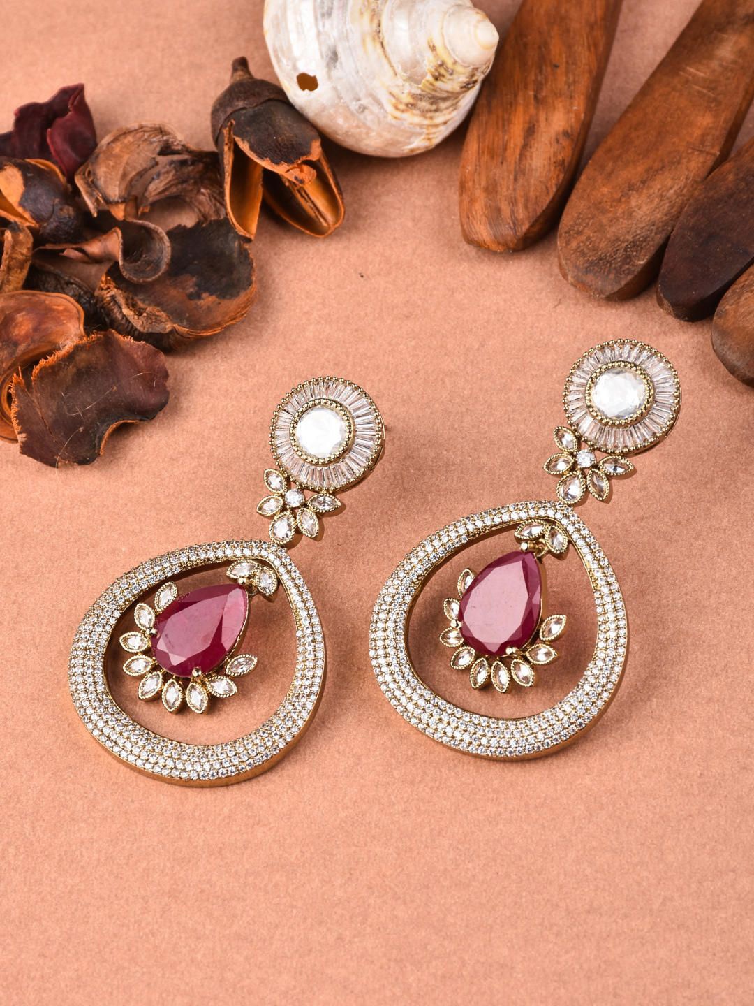 

Reenisaa Gold Plated Kundan Teardrop Shaped Drop Earrings