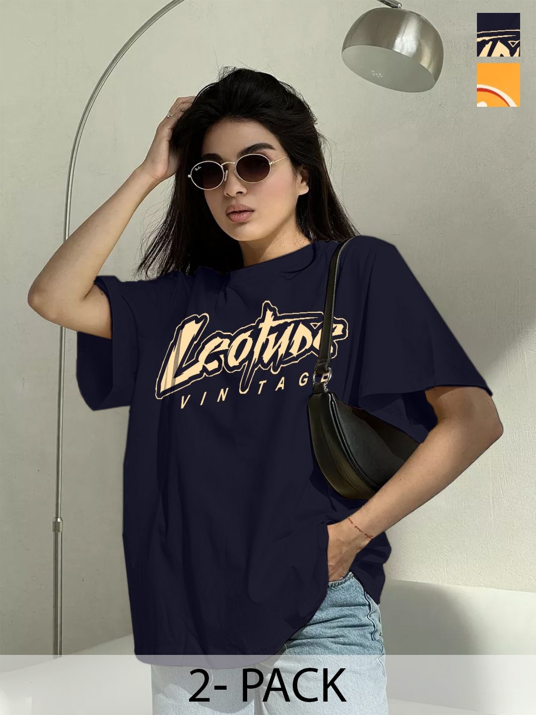 

Leotude Women Pack Of 2 Typography Printed Round Neck Cotton Oversized T-shirts, Navy blue