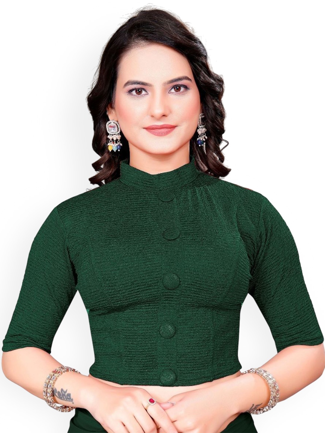 

SS Sanket Synthetics Cotton Button Saree Blouse, Green