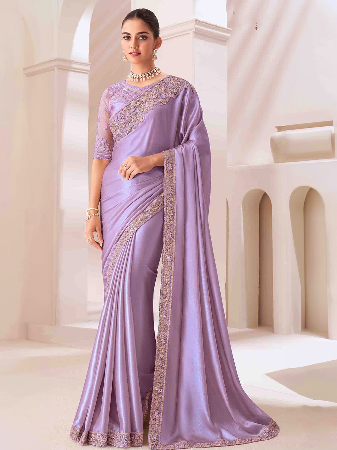 

DIVASTRI Embroidered Pure Georgette Saree, Lavender