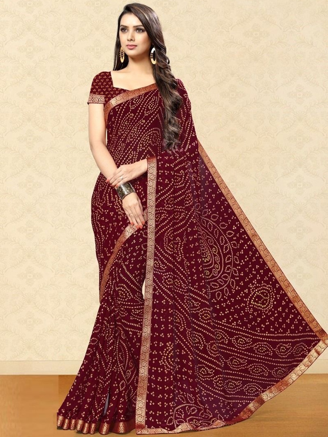 

Styleveda Bandhani Zari Pure Georgette Bandhani Saree, Maroon