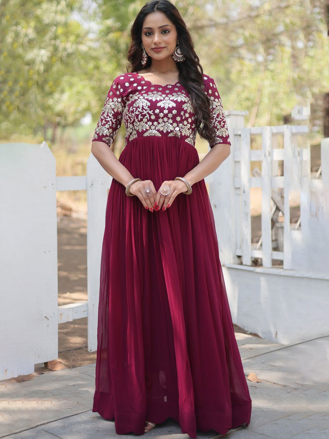 

Fashion Basket Embroidered Anarkali Maxi Ethnic Dresses, Burgundy