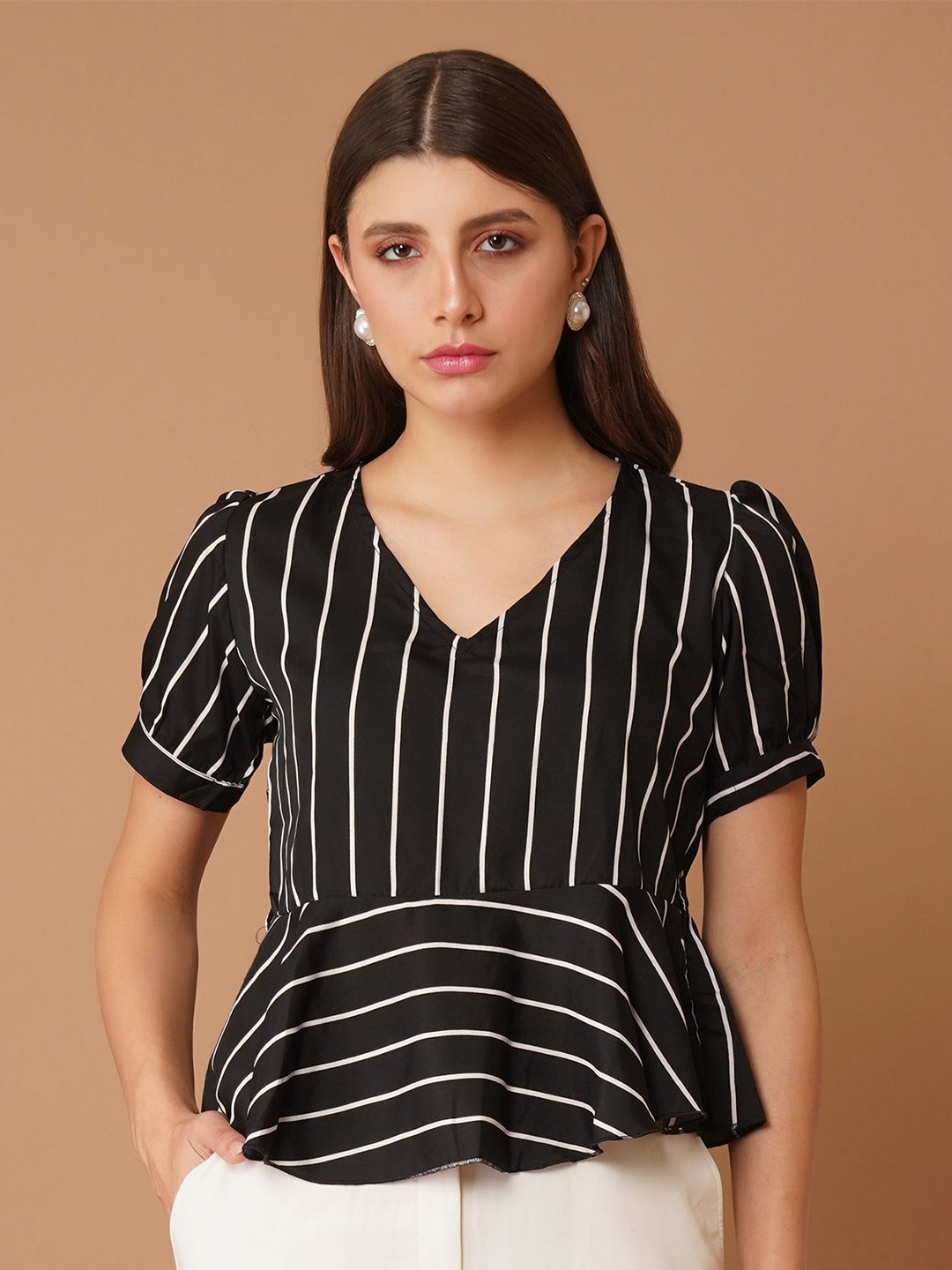 

Chemistry Striped Peplum Top, Black