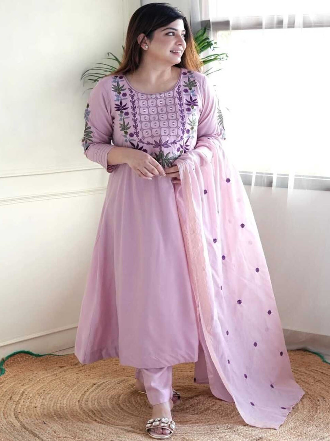 

REALLTREND Floral Embroidered Thread Work Round Neck A-Line Kurta with Trousers & Dupatta, Lavender