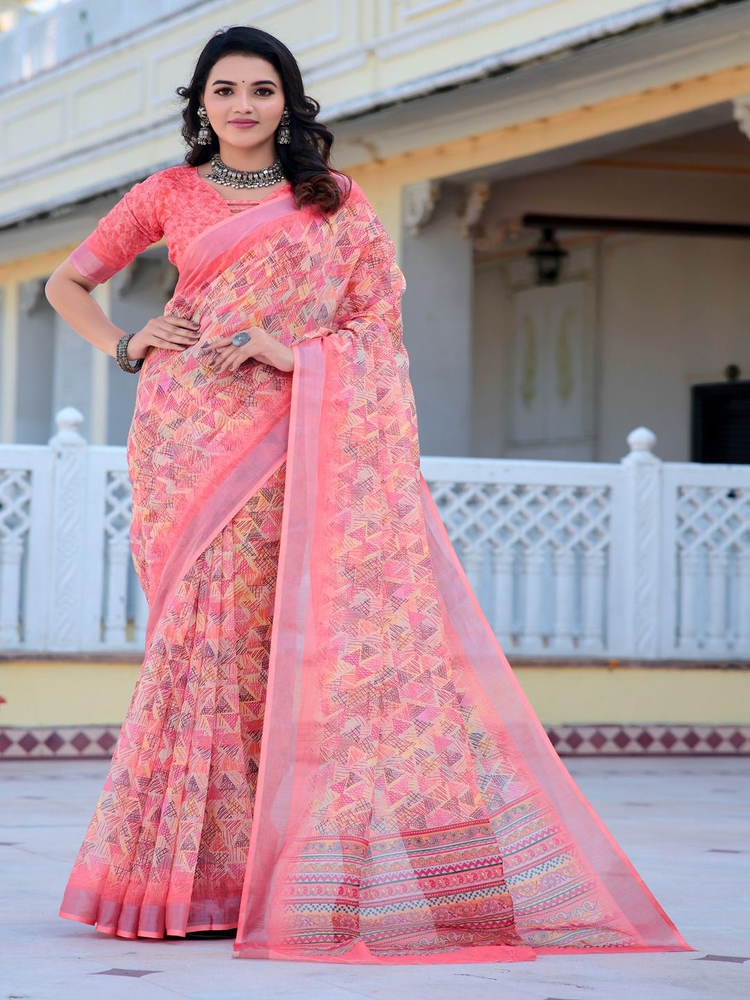 

TRENDING KART Printed Zari Chanderi Saree, Pink