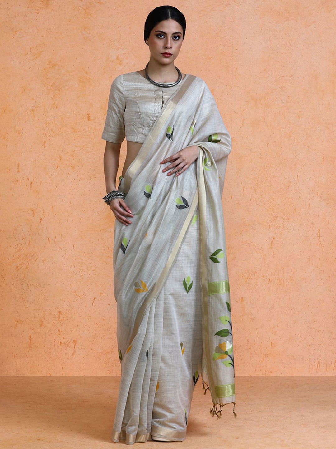 

SARHA Woven Design Muga Saree With Blouse Piece, Grey