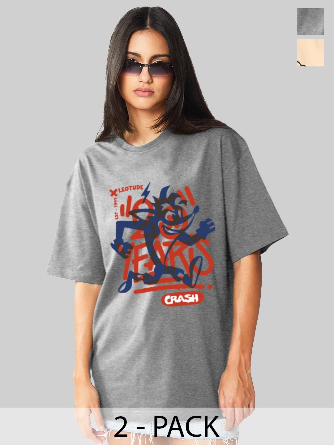 

Leotude Women Graphic Printed Round Neck Cotton Oversized T-shirts, Grey