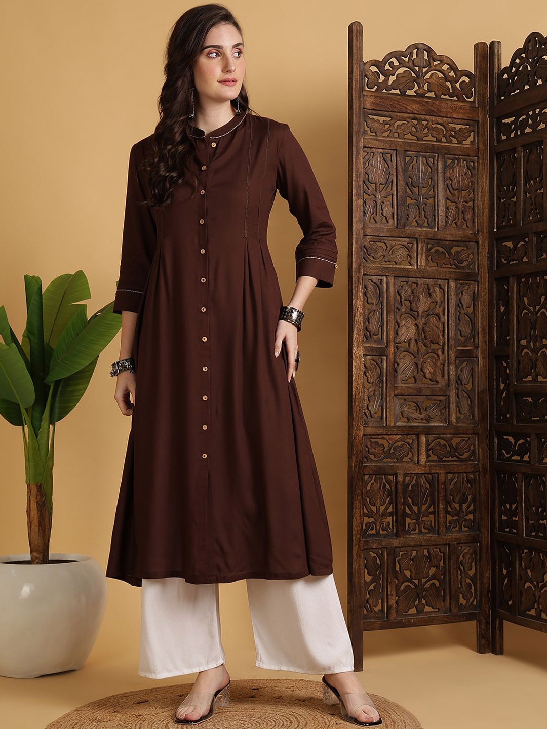 

GULMOHAR JAIPUR Mandarin Collar A-Line Kurta, Brown