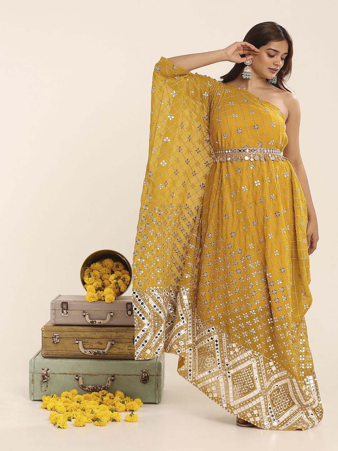 

THE BLESSED WARDROBE Women Embellished One Shoulder Georgette Fit & Flare Ethnic Dress, Yellow