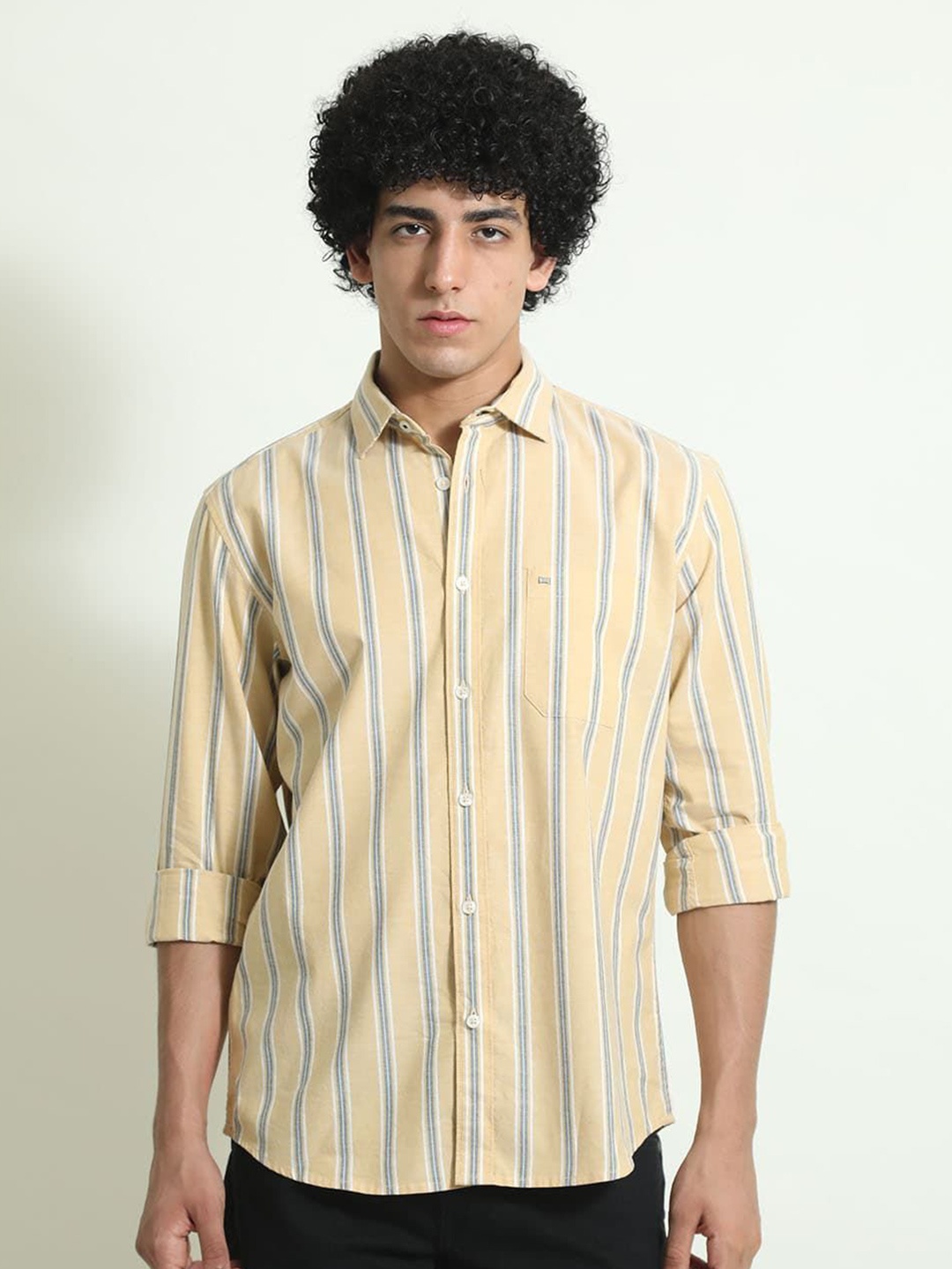 

Basics Men Slim Fit Cutaway Collar Vertical Striped Cotton Casual Shirt, Yellow