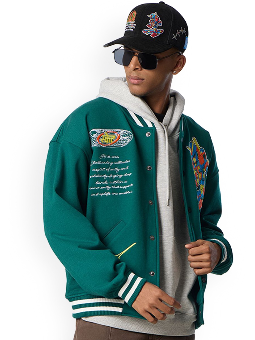 

Urban Monkey Unisex Geometric Varsity Jacket with Patchwork, Green