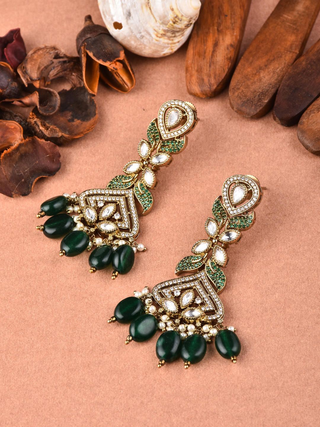 

Reenisaa Gold-Plated Kundan & Beaded Gulizaar Emerald Contemporary Shaped Drop Earrings