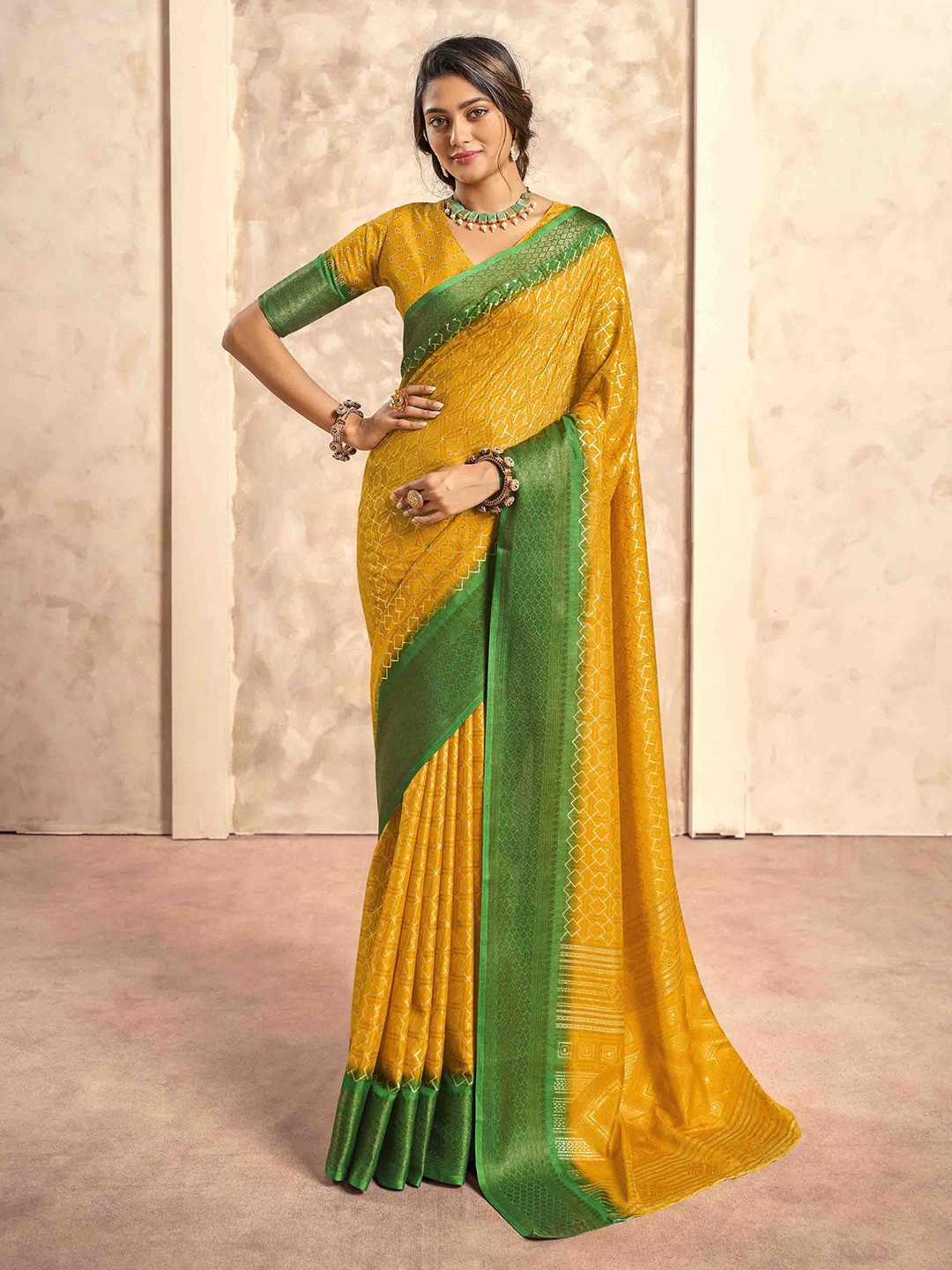

Mitera Printed Woven Design Zari Saree, Yellow