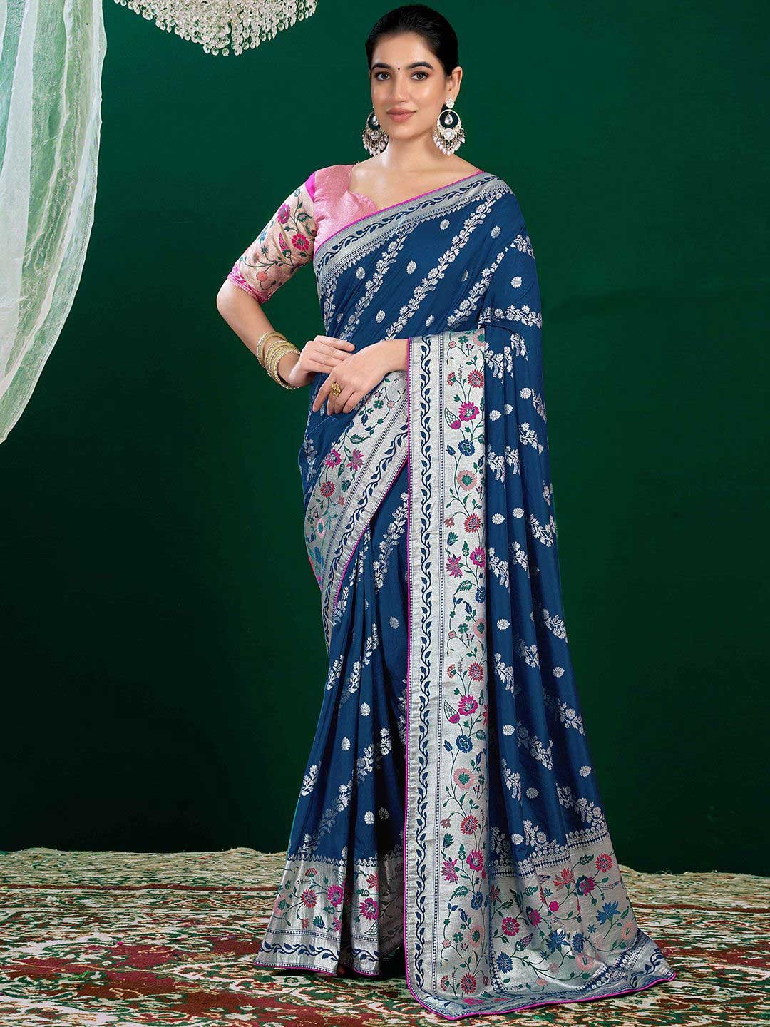 

Satrani Woven Design Zari Pure Silk Banarasi Saree, Blue