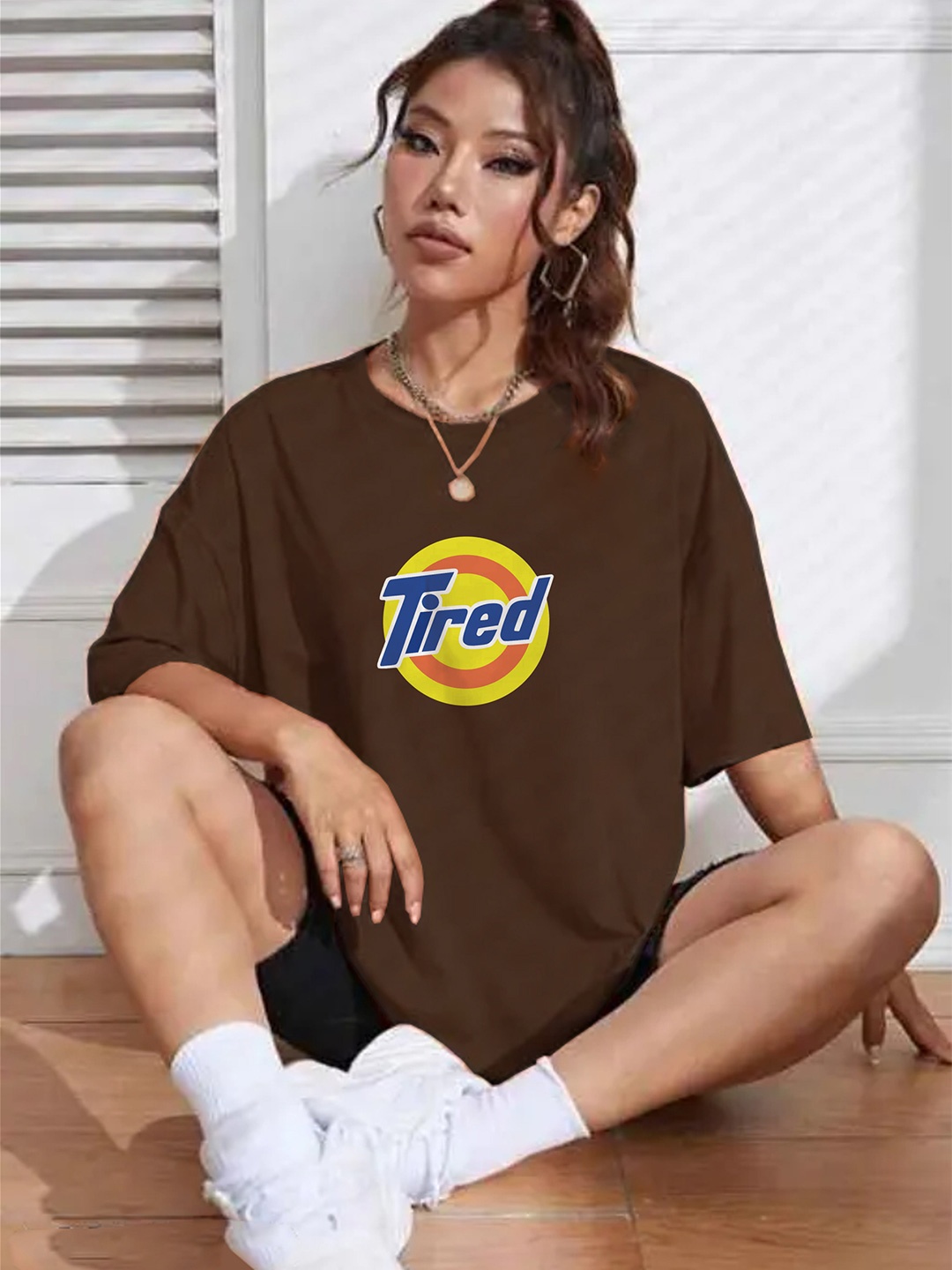 

TOGS & TERRE Women Typography Printed Round Neck Cotton Relaxed Fit T-shirt, Brown