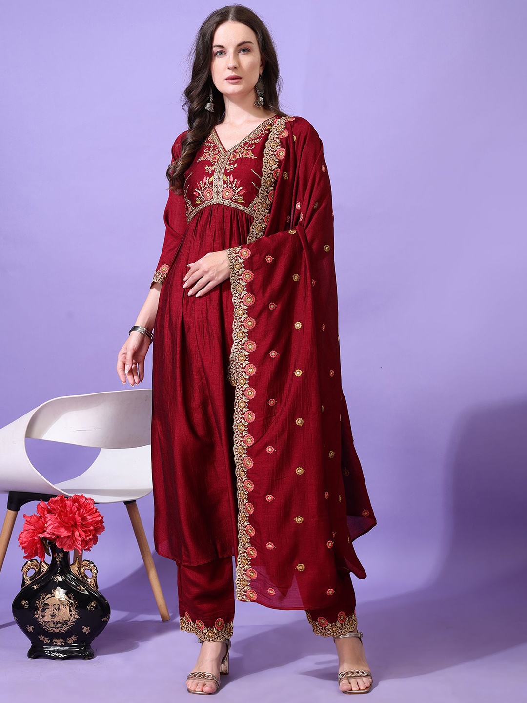

KALINI Floral Embroidered Straight Kurta With Trouser And Dupatta, Red