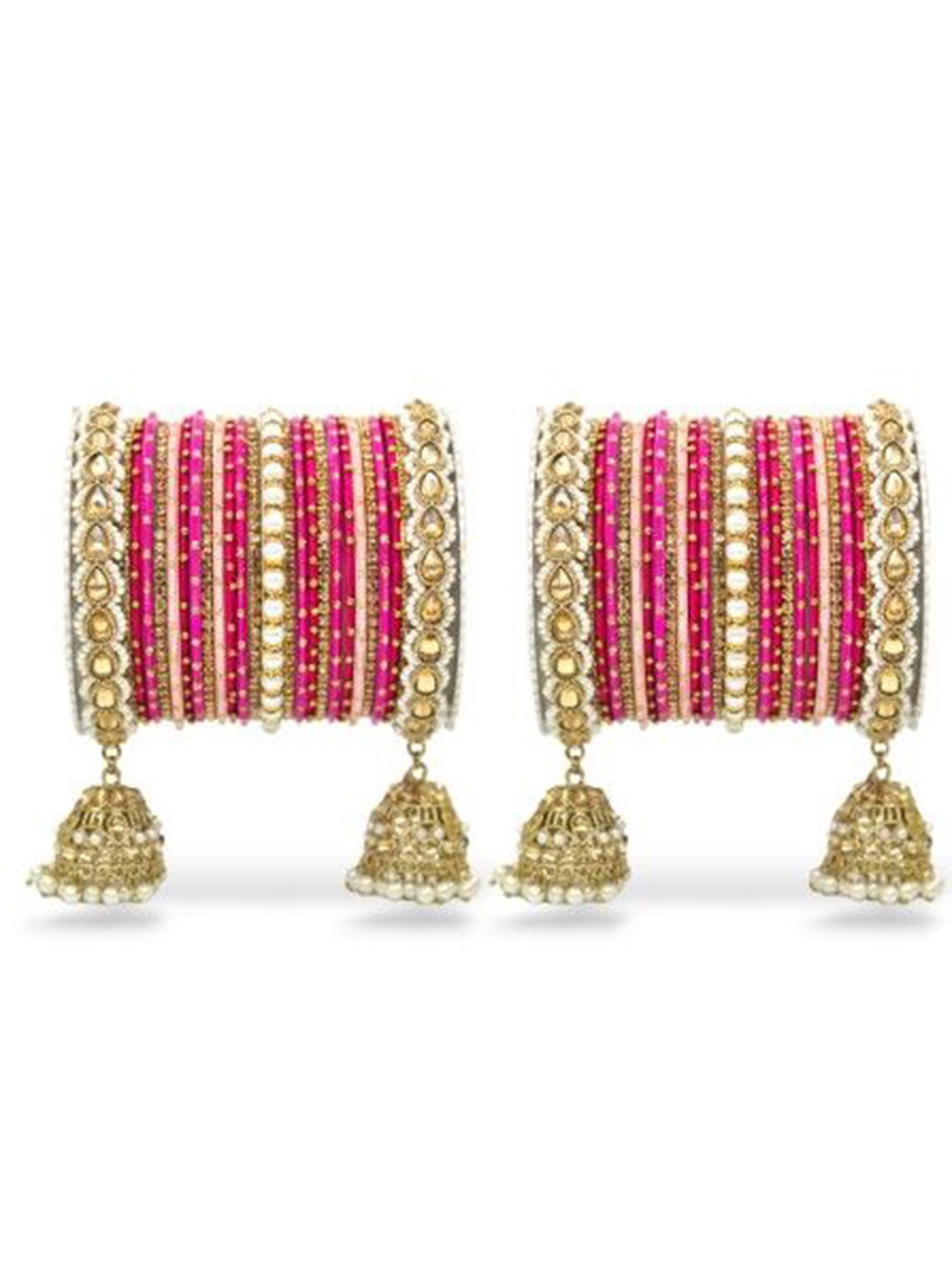 

leshya Set Of 2 Stone-Studded & Beaded Bridal Jhumki Style Bangles, Gold