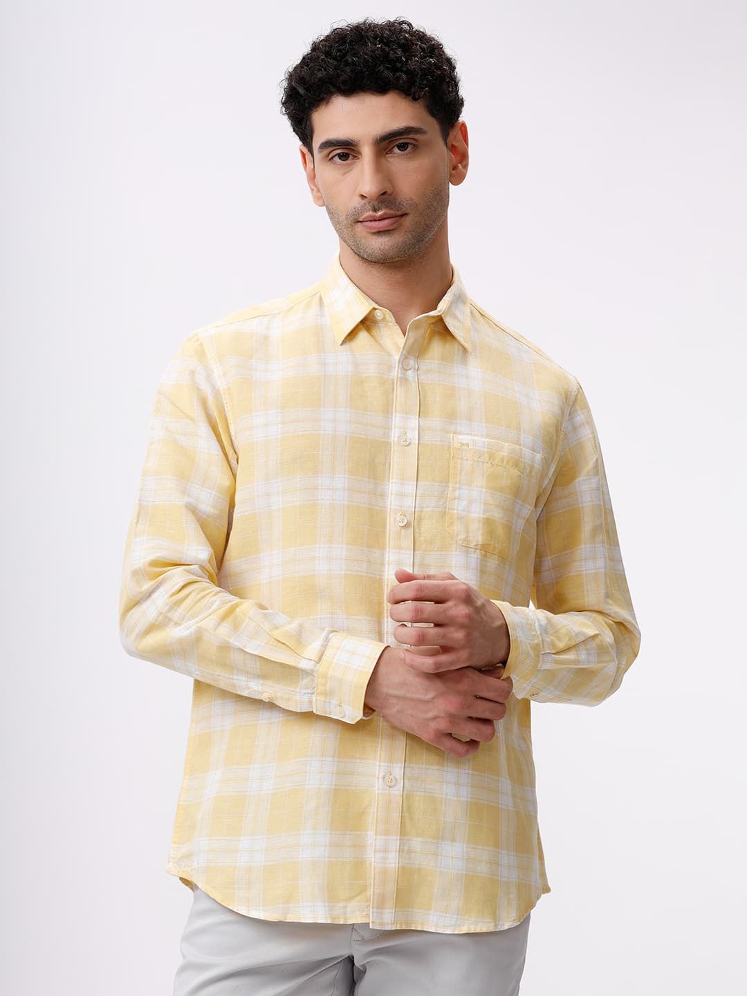 

Basics Men Slim Fit Spread Collar Tartan Checked Cotton Casual Shirt, Yellow