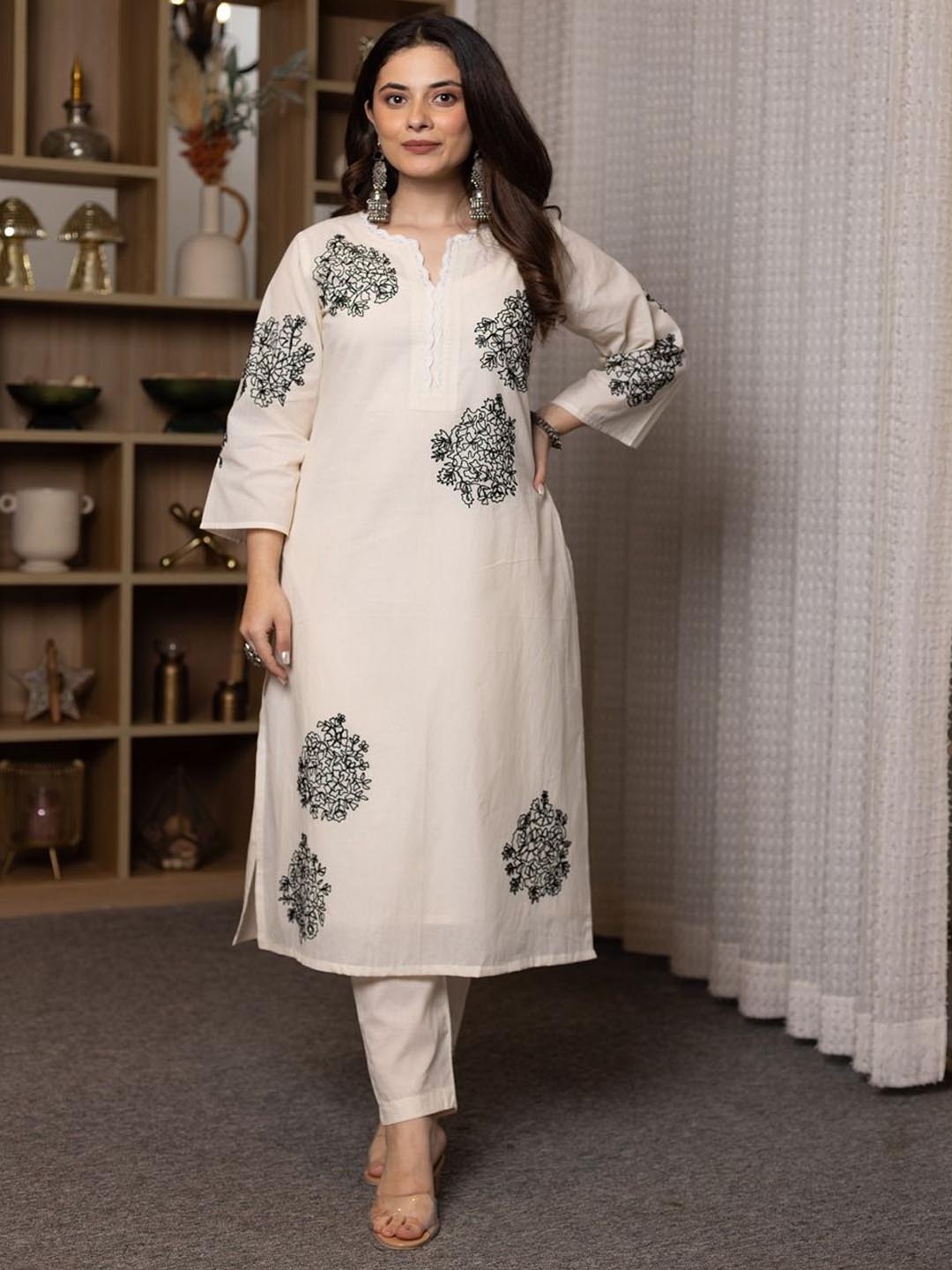 

ASRUMO Floral Embroidered Notch Neck Straight Kurta With Trousers, Off white