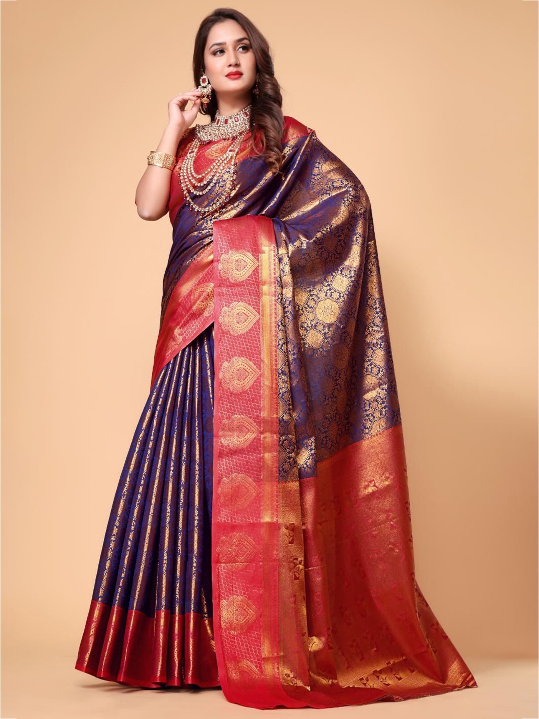 

AKSH FASHION Ethnic Motifs Woven Design Zari Banarasi Saree, Navy blue