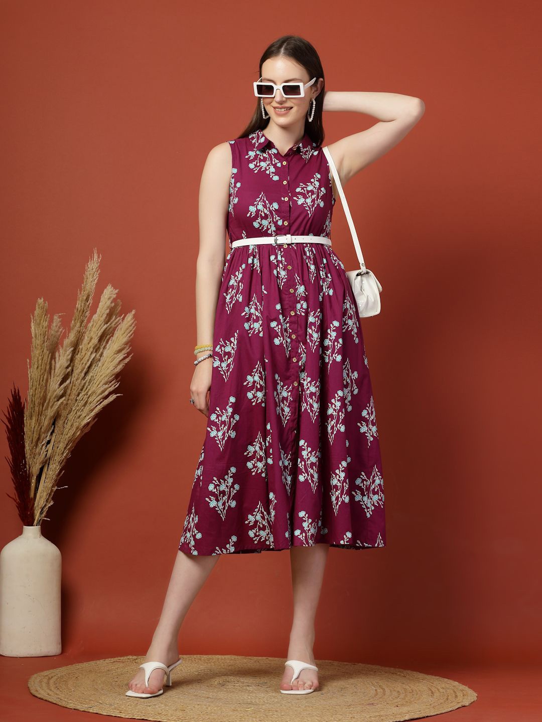 

all about you Women Floral Printed Shirt Collar A-Line Dress, Purple