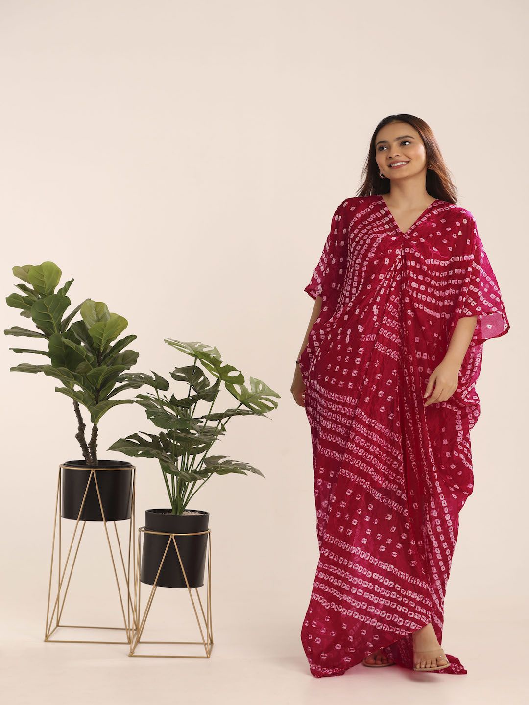 

THE BLESSED WARDROBE Women Bandhni Printed Gathered Detail Kaftan Maxi Dress, Maroon