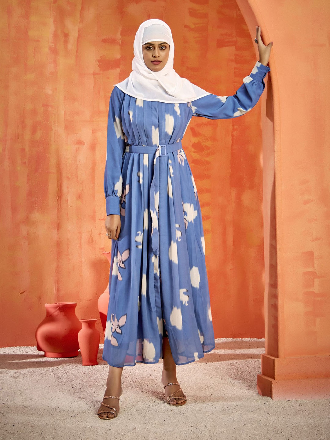 

SARINKU Women Floral Cuffed Sleeves Fit & Flare Maxi Dress Stitched Abaya without Hijab, Grey