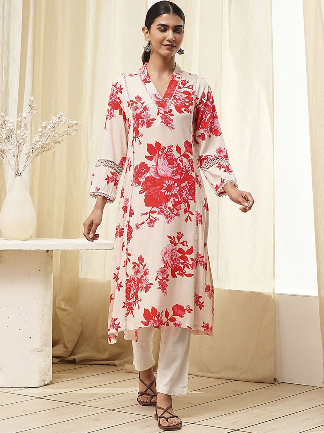 

Biba Floral Printed V-Neck Thread Work A-Line Kurta, White