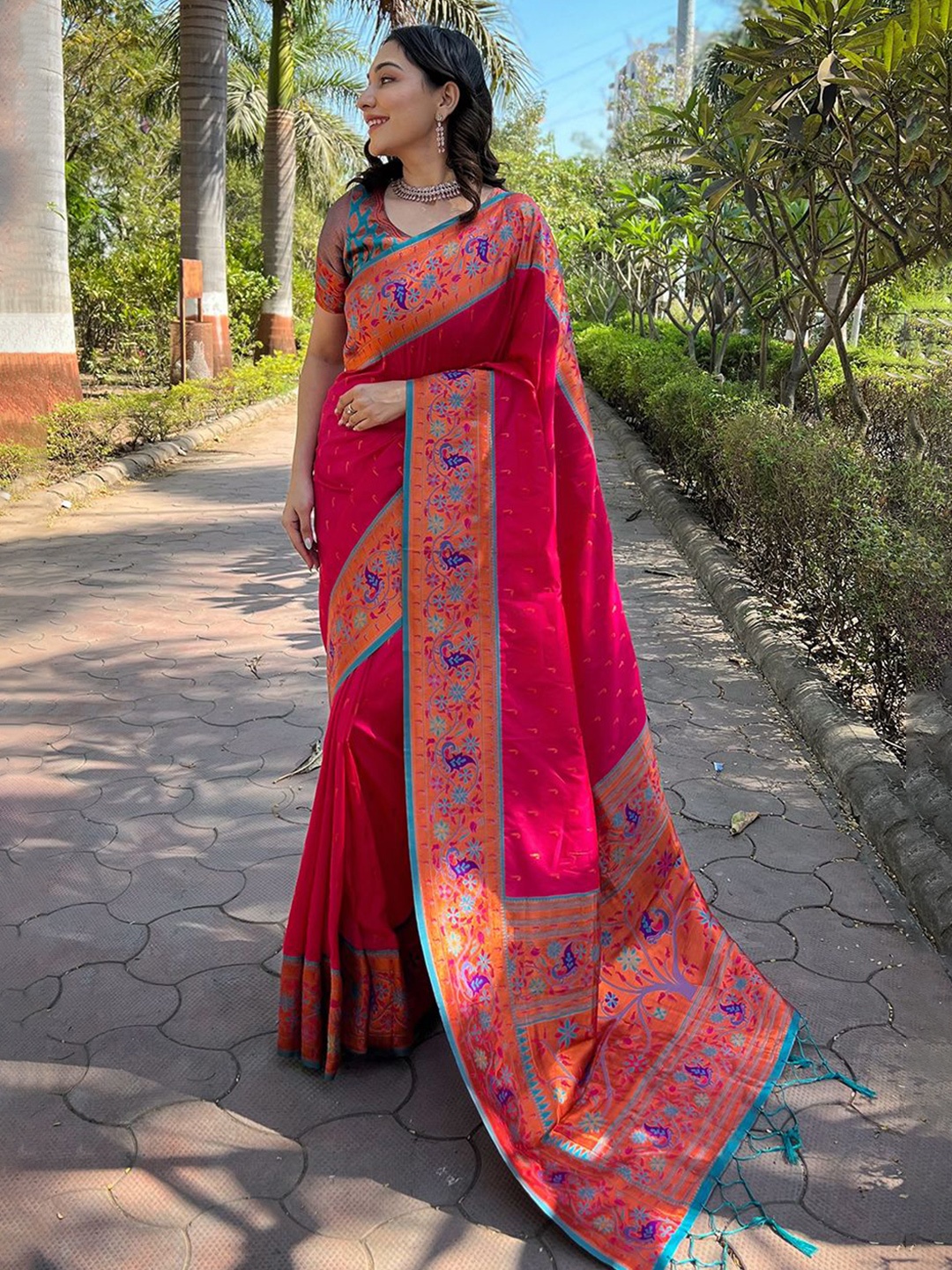 

Rangtulika Ethnics Woven Design Zari Paithani Saree With Contrast Blouse, Pink