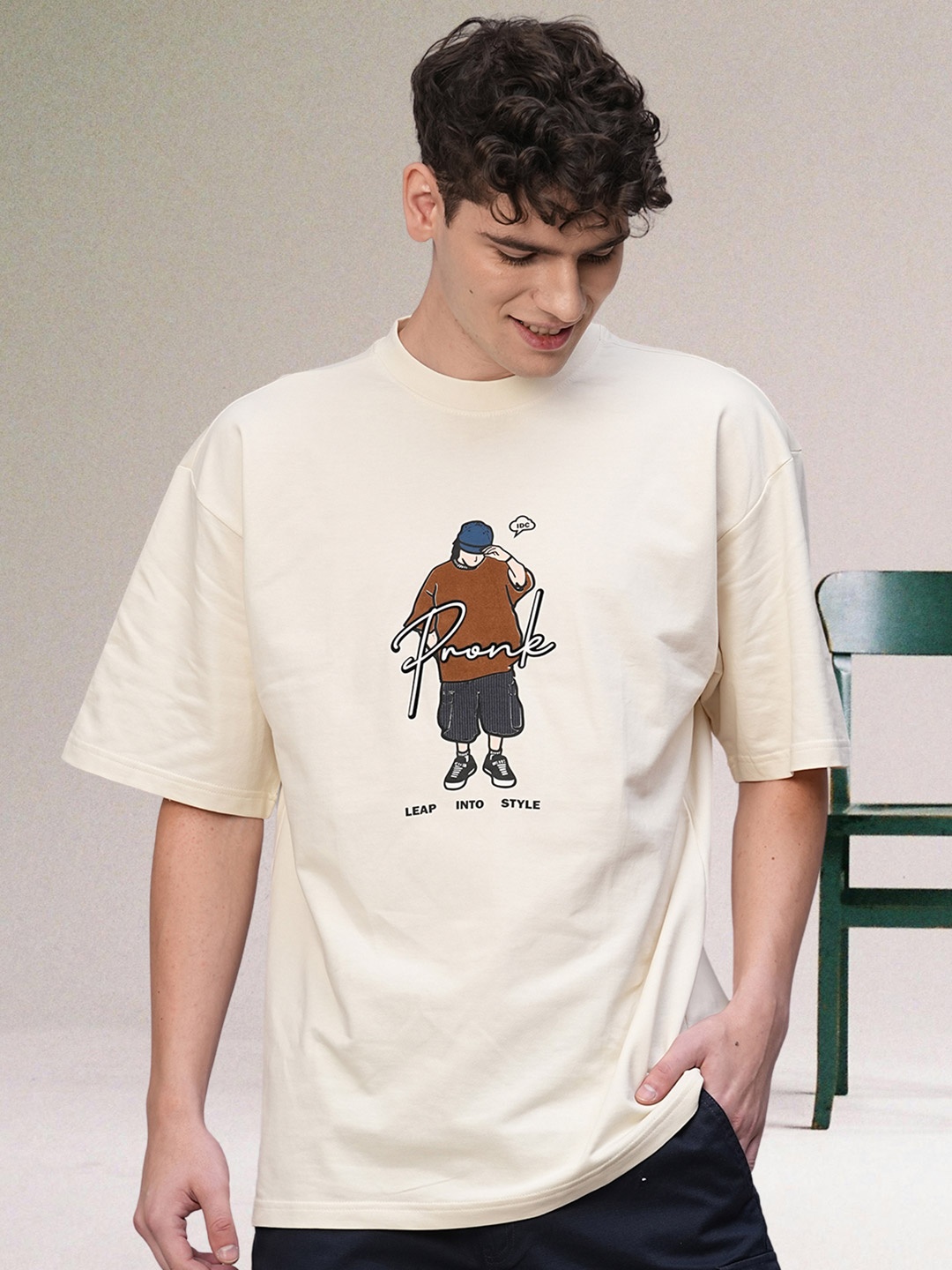 

PRONK Men Graphic Printed Round Neck Cotton Oversized T-shirt, Off white
