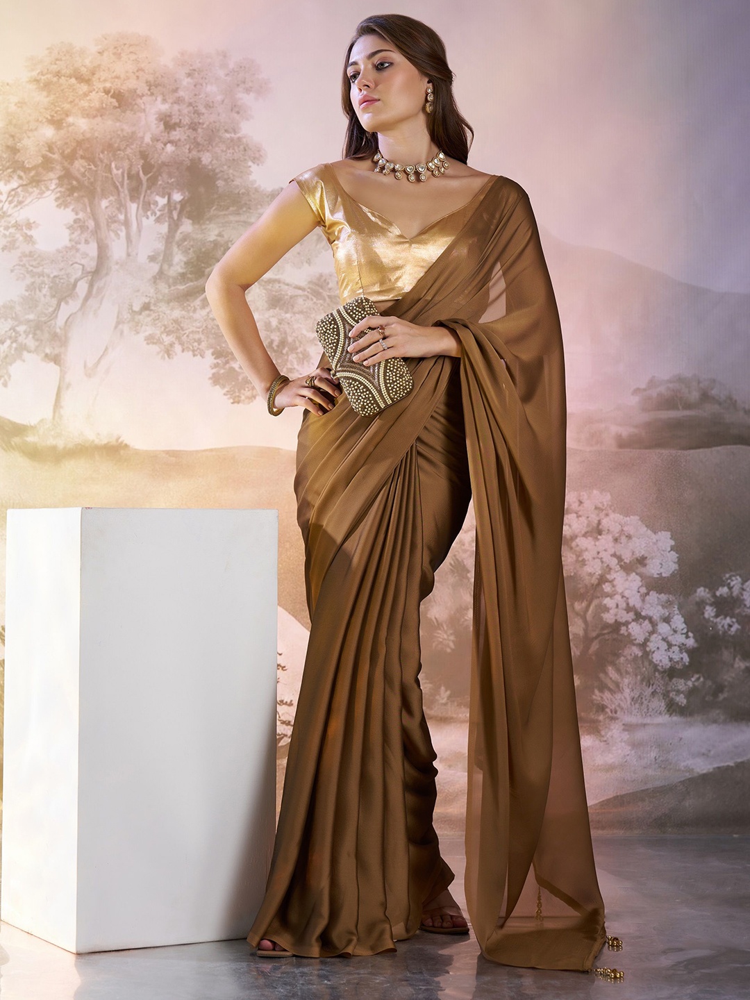 

MAHALASA Solid Pure Satin Saree With Unstitched Blouse Piece, Brown