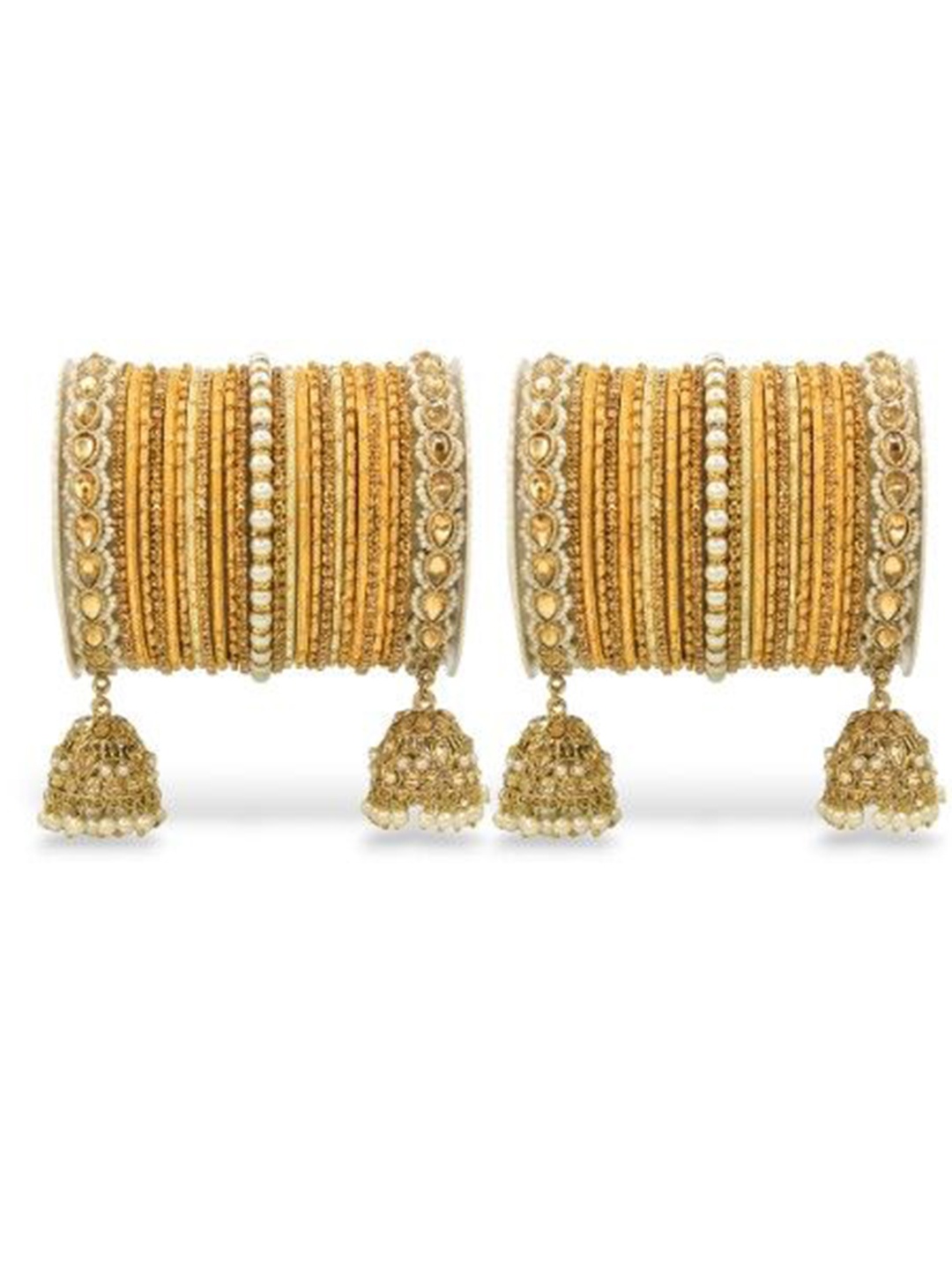 

leshya Set Of 2 Artificial Stones Studded & Beaded Bridal Jhumki Style Bangles, Gold