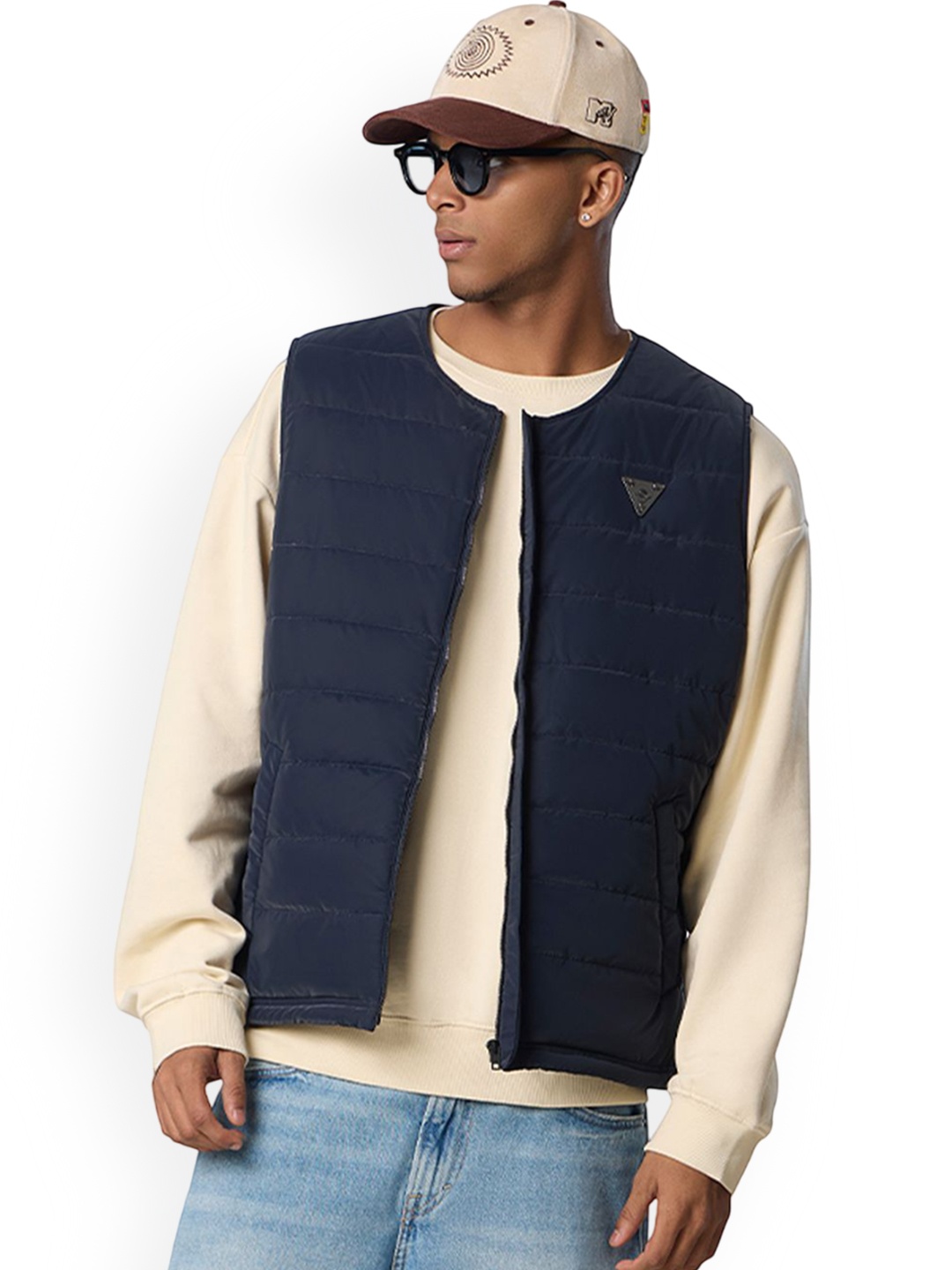 

Urban Monkey Unisex Colourblocked Puffer Jacket with Patchwork, Navy blue