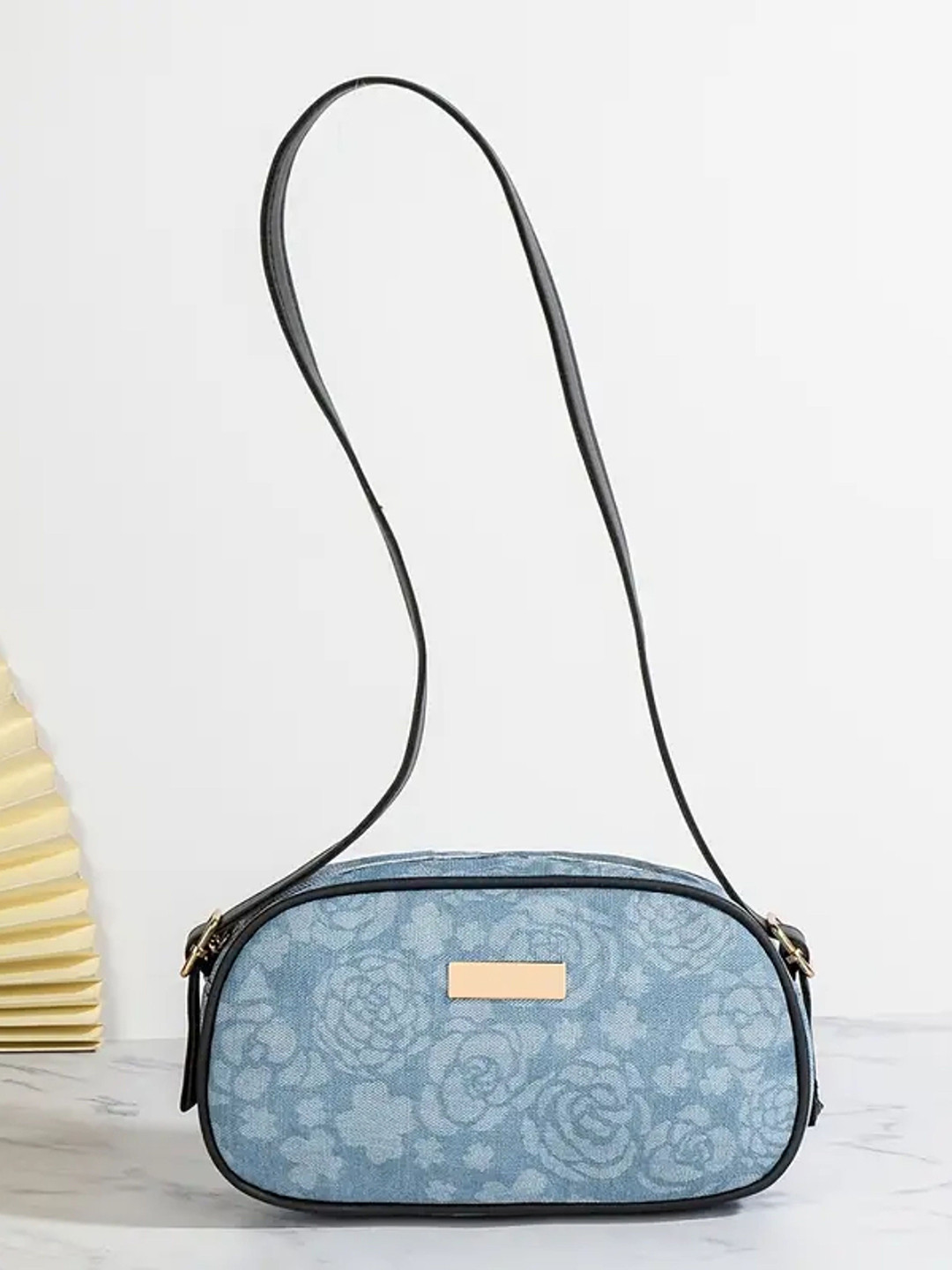 

ITALISH Floral Embellished Leather Structured Sling Bag, Navy blue