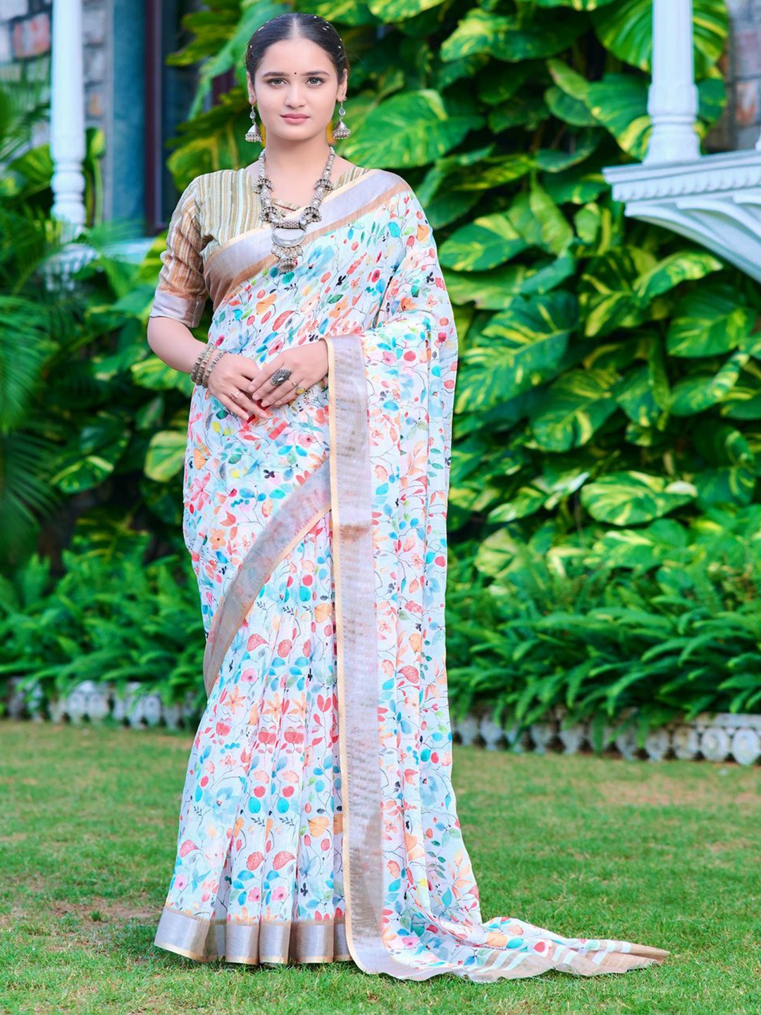 

TRENDING KART Floral Printed Chanderi Saree, White