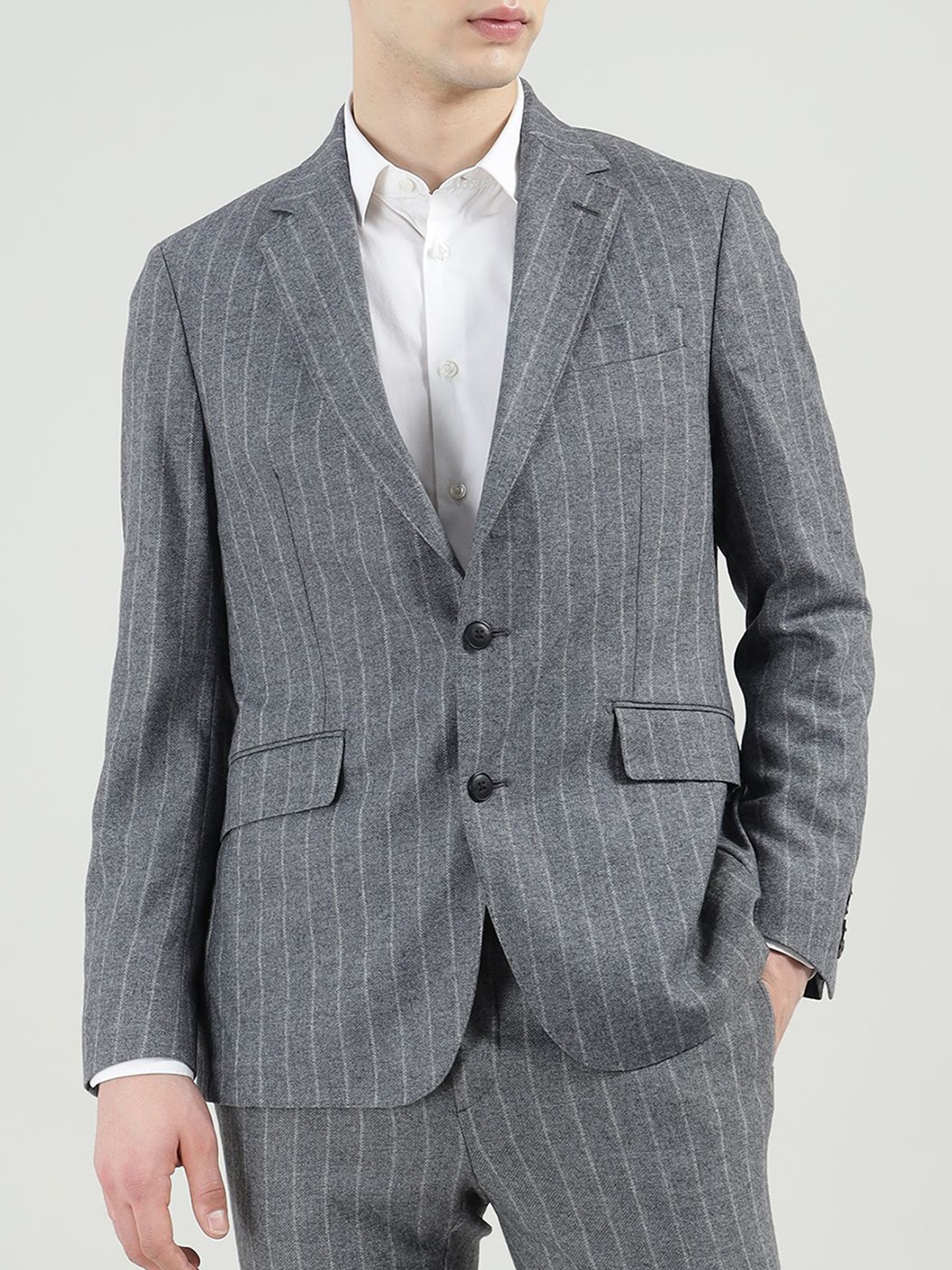 

HACKETT LONDON Men Striped Notched Lapel Woolen Open Front Blazers, Grey