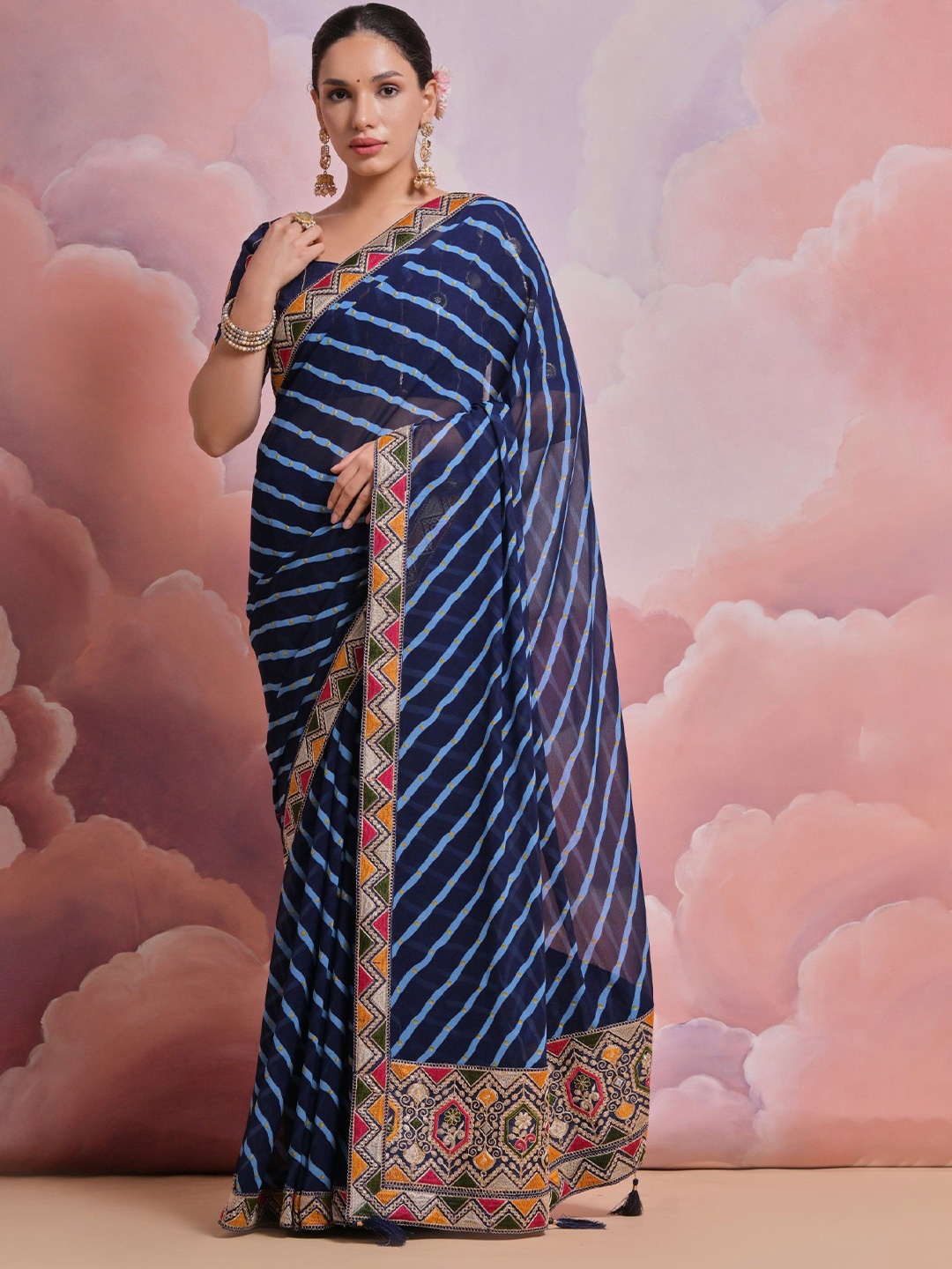 

LeeliPeeri Designer Leheriya Printed Embroidered Saree, Blue