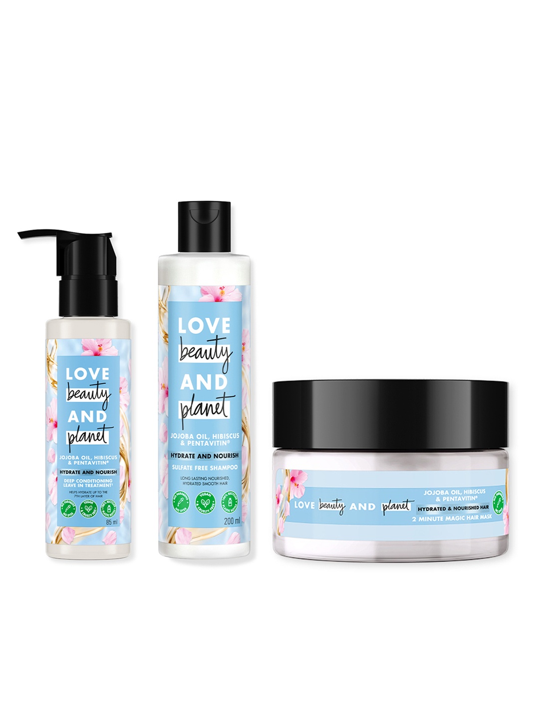 

Love Beauty & Planet Set of Hydrate Nourish Shampoo + Leave-In Treatment + Hair Mask, Blue