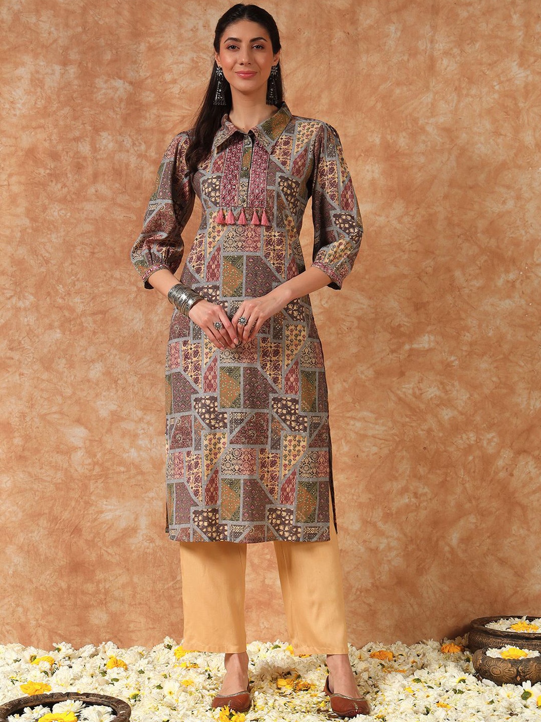 

Meeranshi Floral Embroidered Shirt Collar Sequinned Silk Straight Kurta, Grey