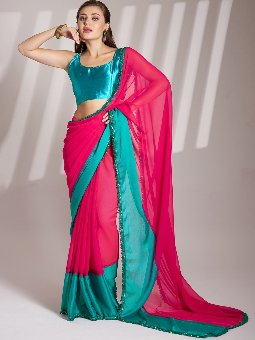 

MAHALASA Sequined Embellished Border Chiffon Saree With Unstitched Blouse Piece, Pink