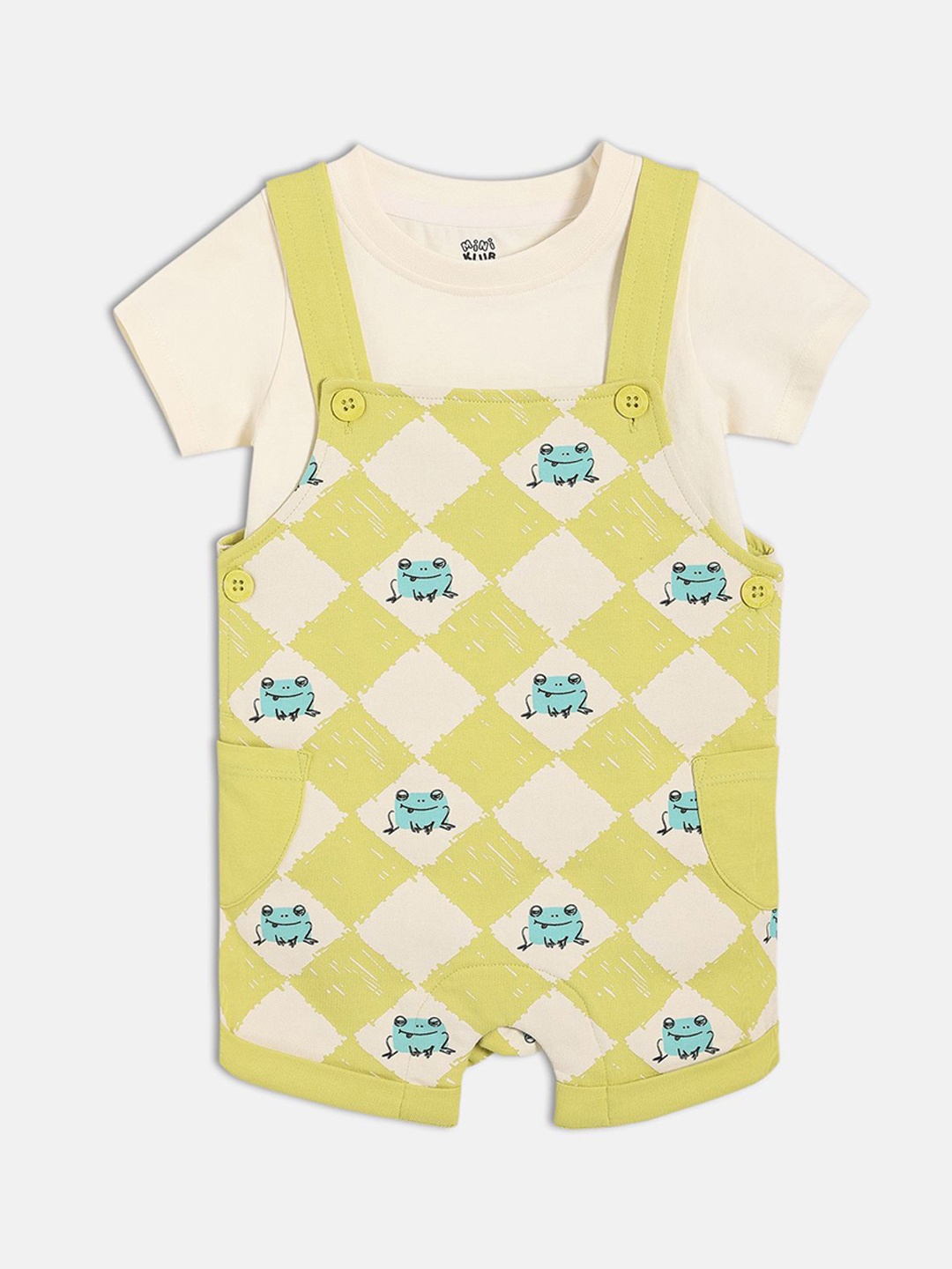 

MINI KLUB Boys Cotton Half Sleeves Printed Dungaree With T-Shirt, Cream