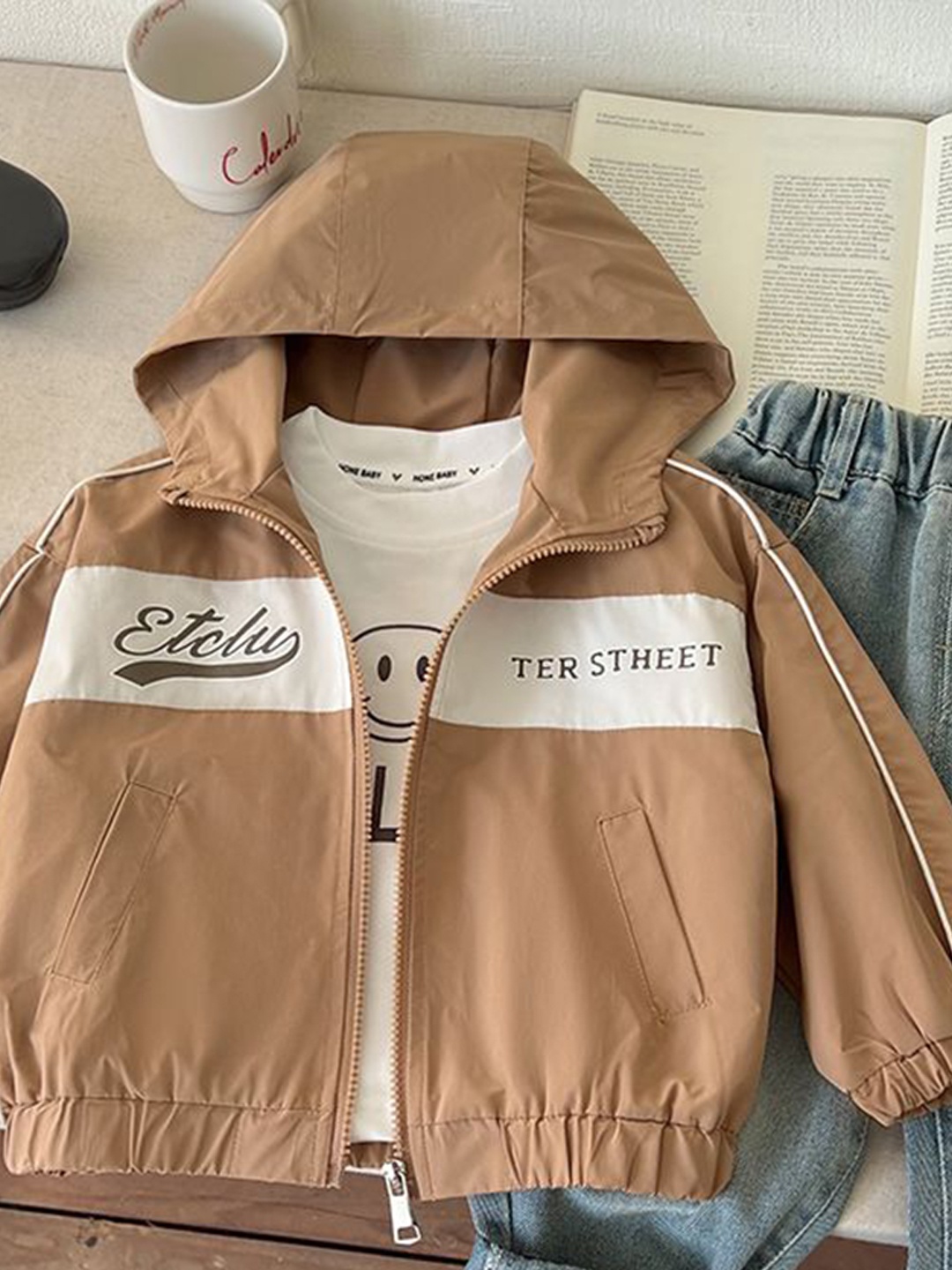 

StyleCast x Revolte Unisex Kids Hooded Colourblocked Casual Lightweight Bomber Jacket, Coffee brown