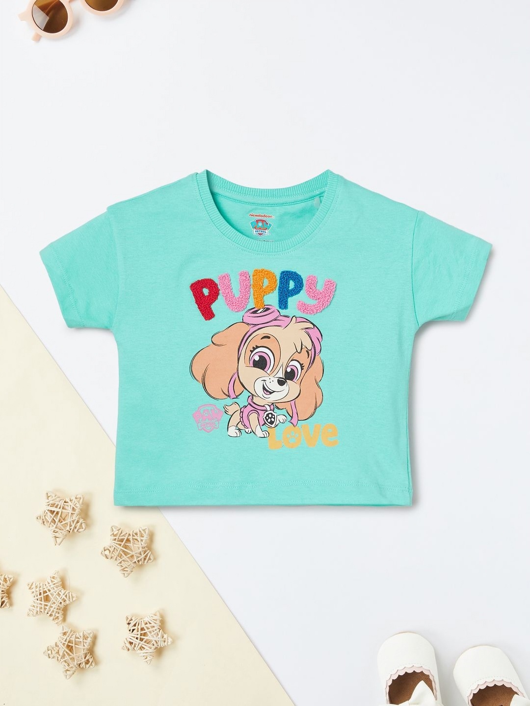 

max Girls Printed V-Neck Applique T-shirt, Green