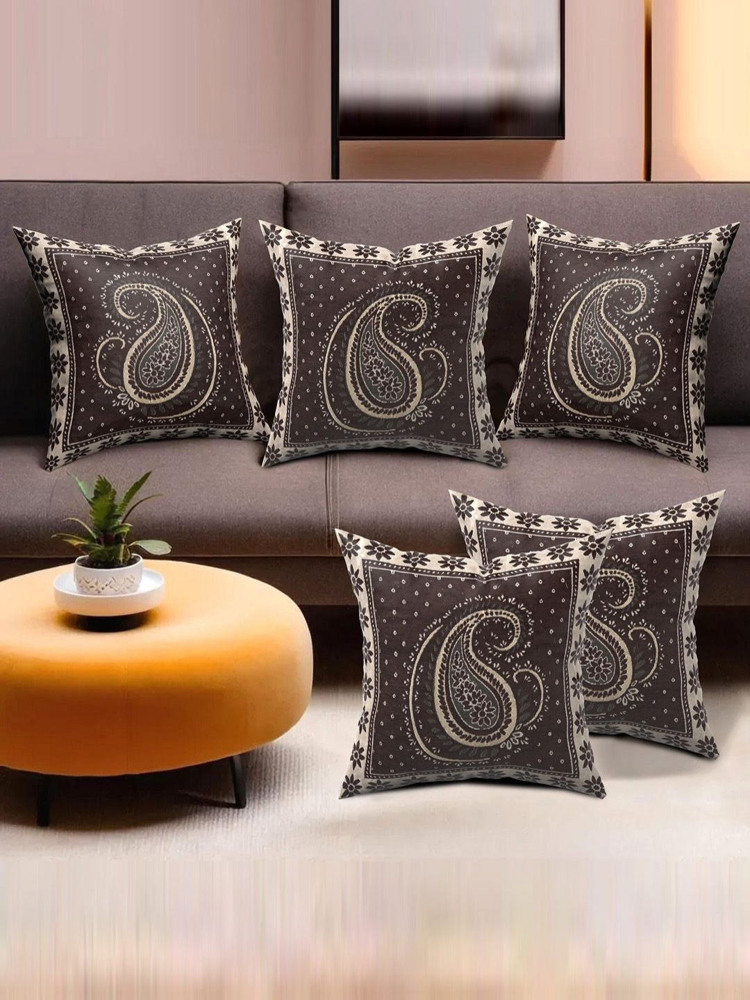 

Aura Brown & Cream-Coloured Set of 5 Ethnic Motifs Square Cushion Covers