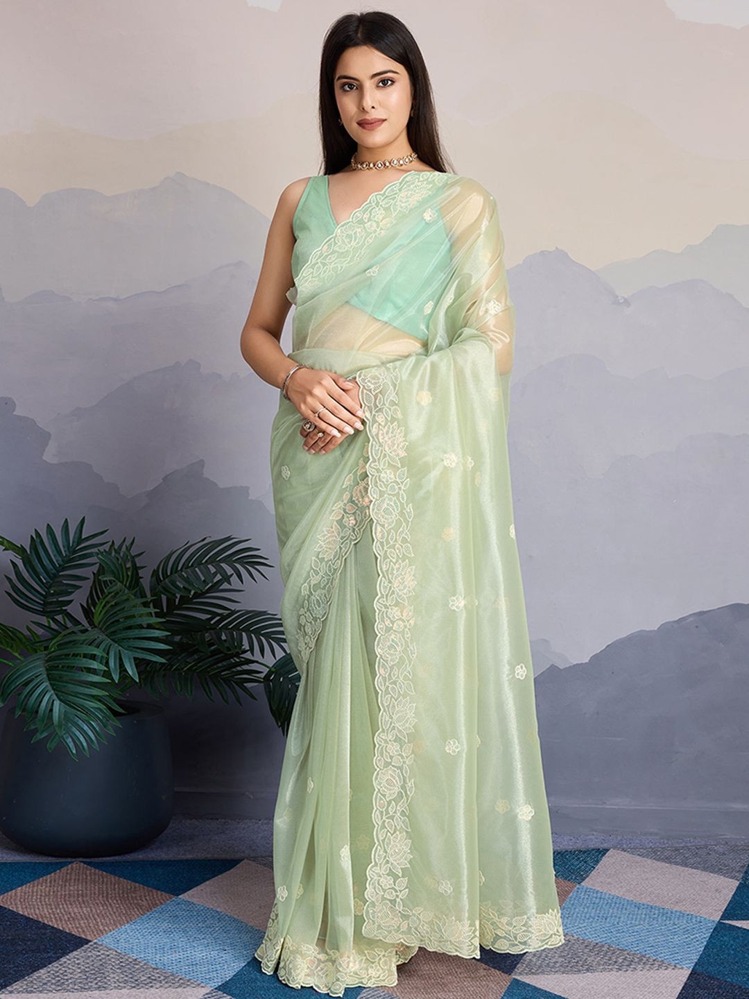 

Peachmode Floral Embroidered Saree, Green