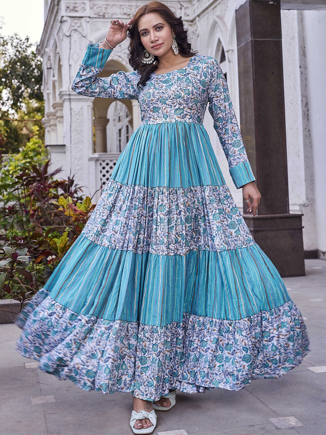 

Chandbaali Women Floral Printed Fit & Flared Ethnic Dresses, Turquoise blue